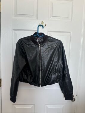 Black Faux Leather Bomber Jacket - Women